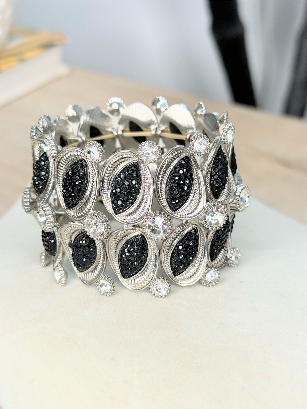 Black Rhinestone Silver Tone Stretch Bracelet Wide Crystal Statement Cuff